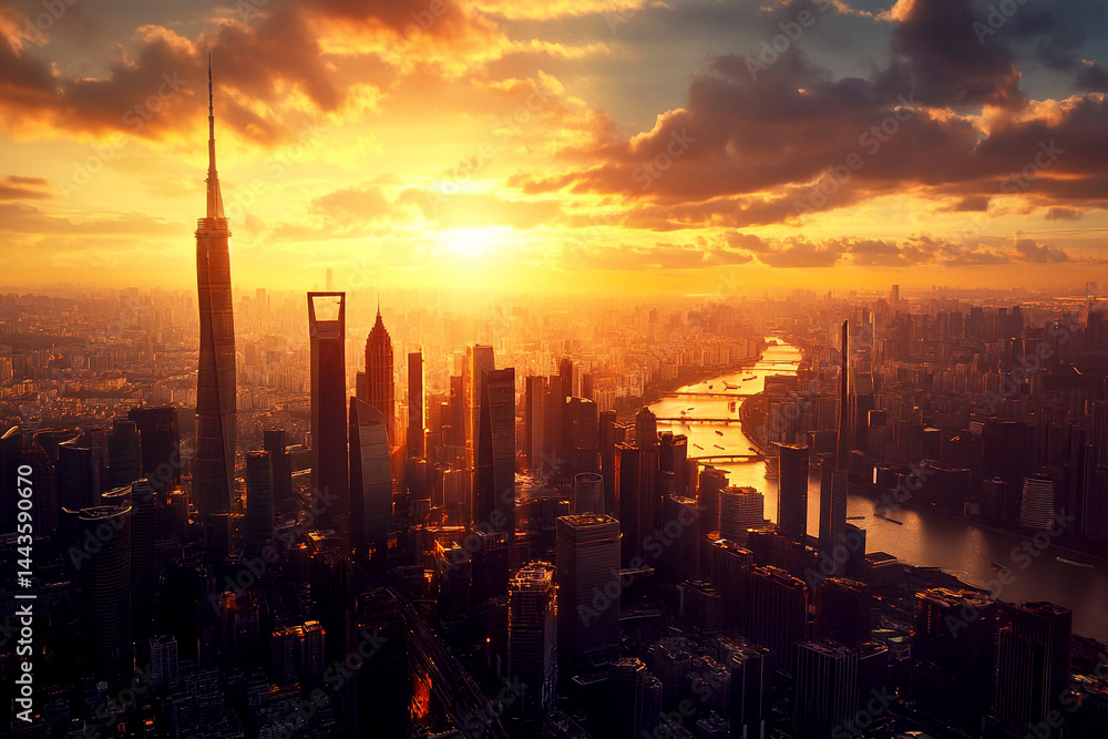Majestic skyscrapers towering over a modern metropolis at sunset, capturing the golden glow over the cityscape. This wide landscape view showcases the scale and beauty of urban life