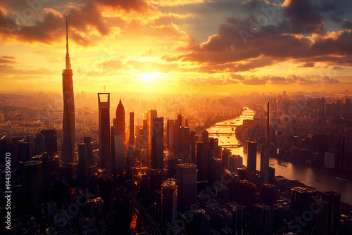 Majestic skyscrapers towering over a modern metropolis at sunset, capturing the golden glow over the cityscape. This wide landscape view showcases the scale and beauty of urban life