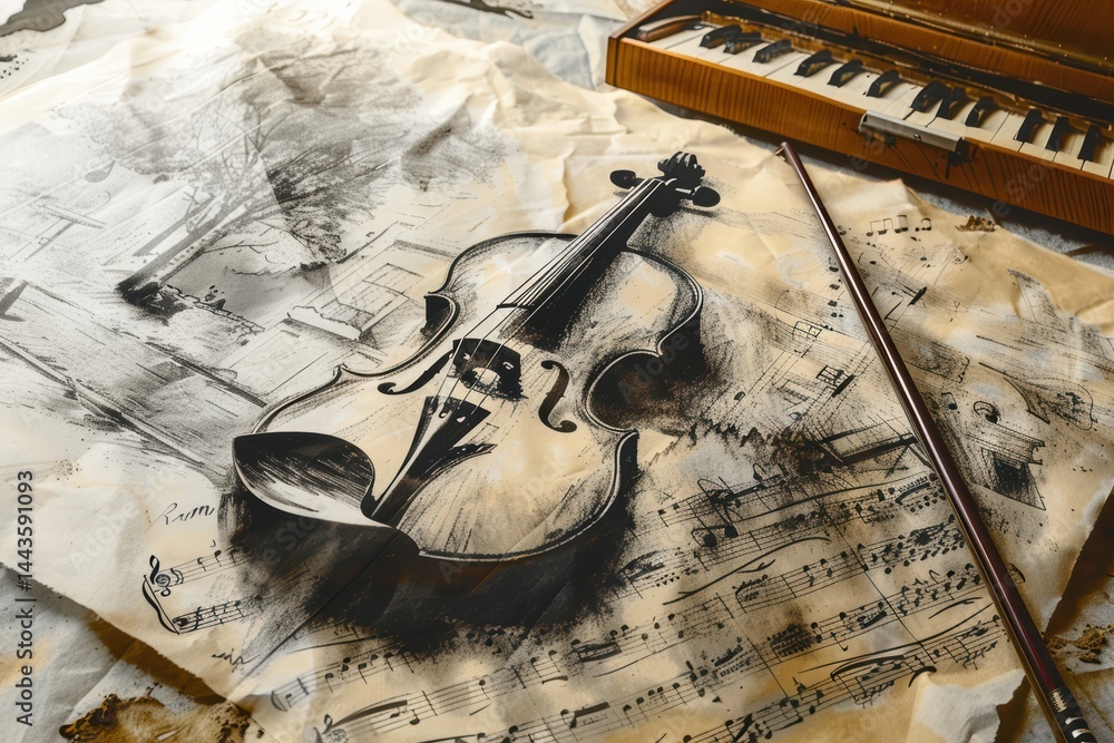 A beautiful Violin alongside Sheet Music on a Rustic Table creates a stunning visual