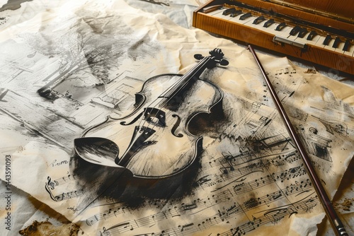 Obraz na płótnie A beautiful Violin alongside Sheet Music on a Rustic Table creates a stunning visual w salonie