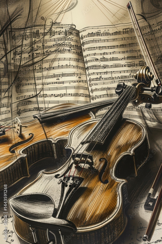 A beautifully arranged still life featuring an elegant violin alongside intricate sheet music