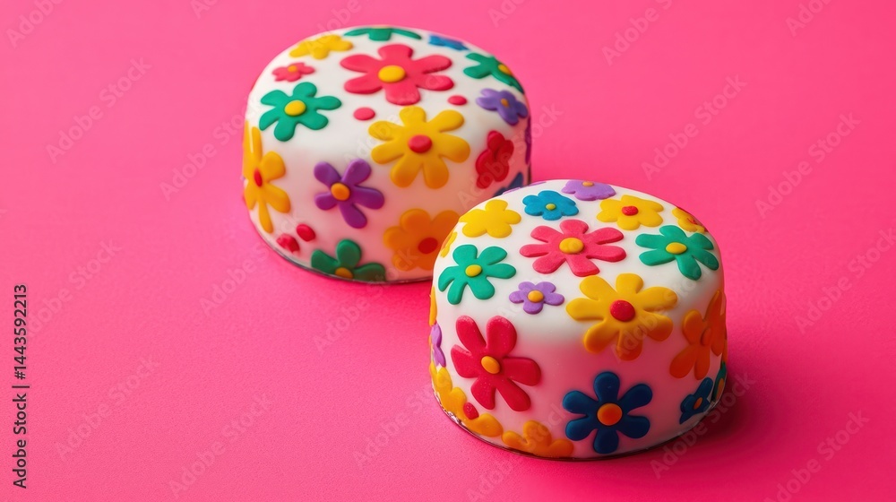 Two mini cakes with multicolored flower patterns placed diagonally on a bright pink background.