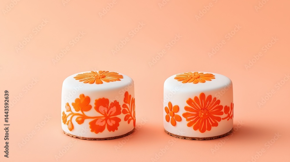 Two mini cakes with orange floral motifs placed side by side on a bright peach background.