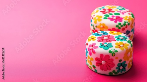 Obraz na płótnie Two mini cakes with multicolored flower patterns placed diagonally on a bright pink background. w salonie