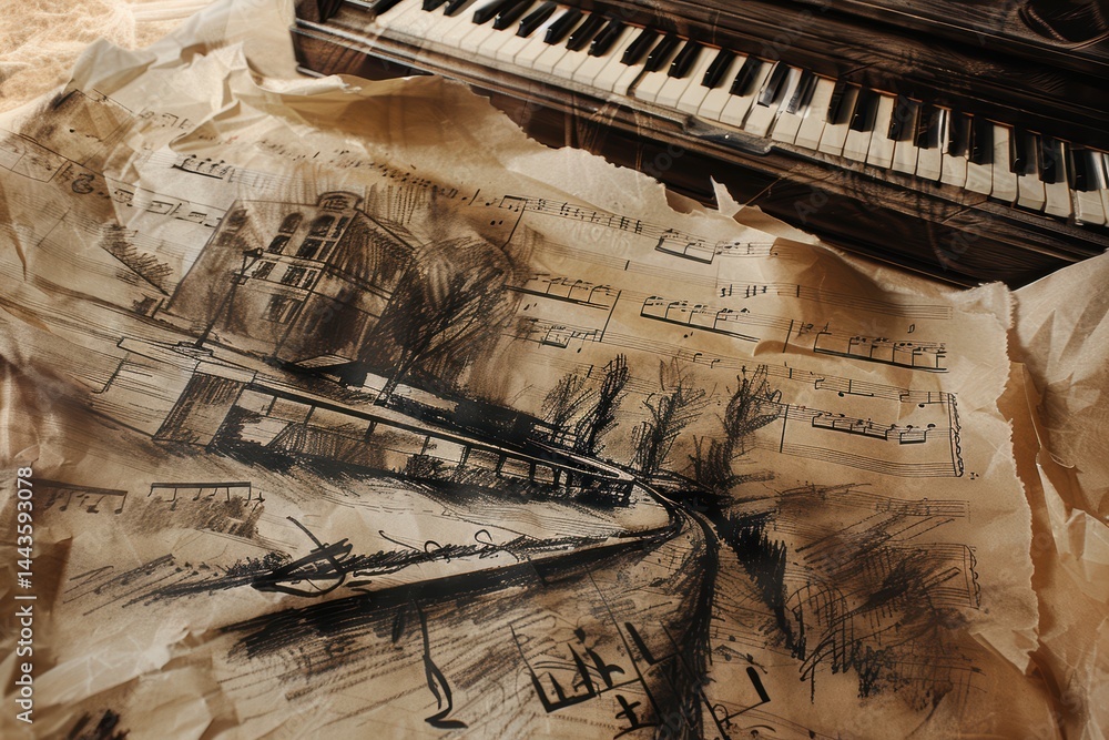 Vintage Piano Featuring Musical Notes Illustrated on Aged Paper for an Artistic Appeal