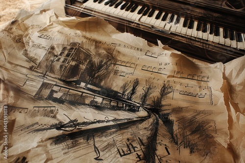 Obraz na płótnie Vintage Piano Featuring Musical Notes Illustrated on Aged Paper for an Artistic Appeal w salonie