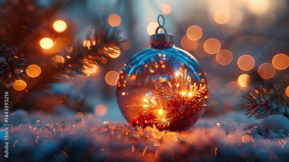 A Beautiful Christmas Ornament radiating Warm Lights amidst Frosty and Charming Surroundings