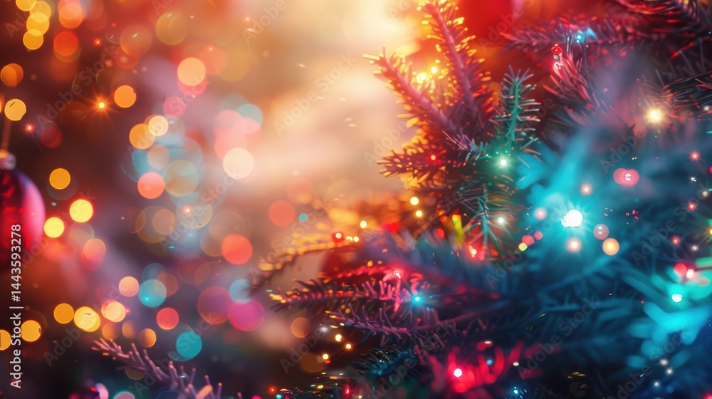 A beautiful display of colorful holiday lights on the Christmas tree, creating a joyful atmosphere