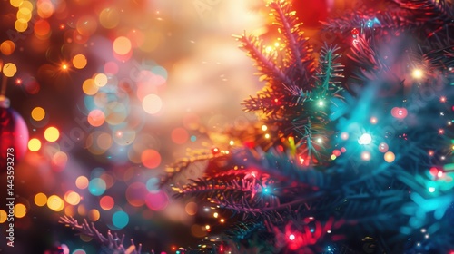 Obraz na płótnie A beautiful display of colorful holiday lights on the Christmas tree, creating a joyful atmosphere w salonie