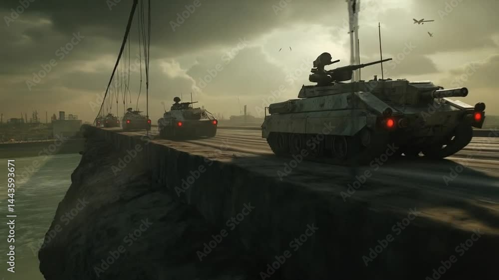 A group of tanks are driving across a bridge