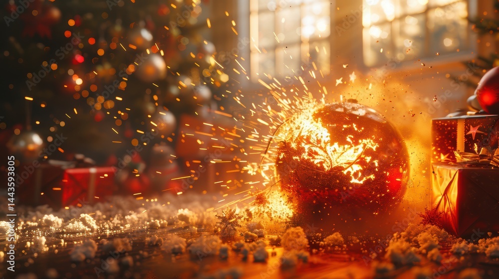 A Festive Explosion Shattering Holiday Ornament Displaying Joyful Celebration and Cheer