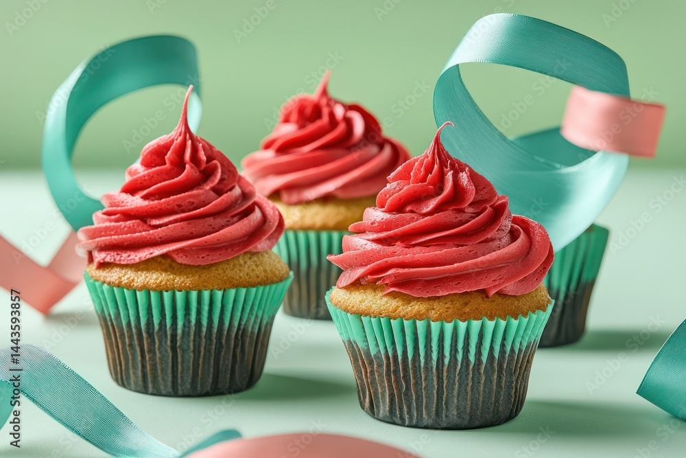 Vibrant cupcakes featuring bright red and turquoise frosting, surrounded by floating ribbons on a pastel green background.