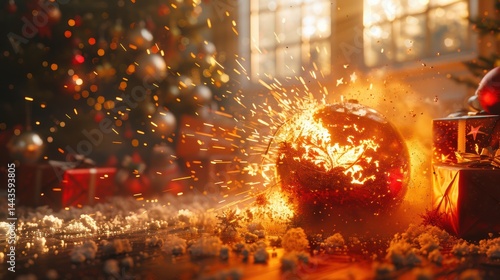 Obraz na płótnie A Festive Explosion Shattering Holiday Ornament Displaying Joyful Celebration and Cheer w salonie