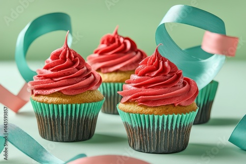 Obraz na płótnie Vibrant cupcakes featuring bright red and turquoise frosting, surrounded by floating ribbons on a pastel green background. w salonie