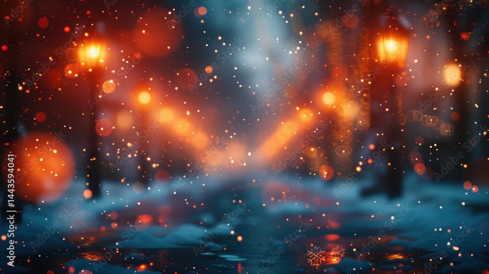 A Magical Snowy Street at Night, Adorned with Lanterns and Soft, Warm Lights Glowing