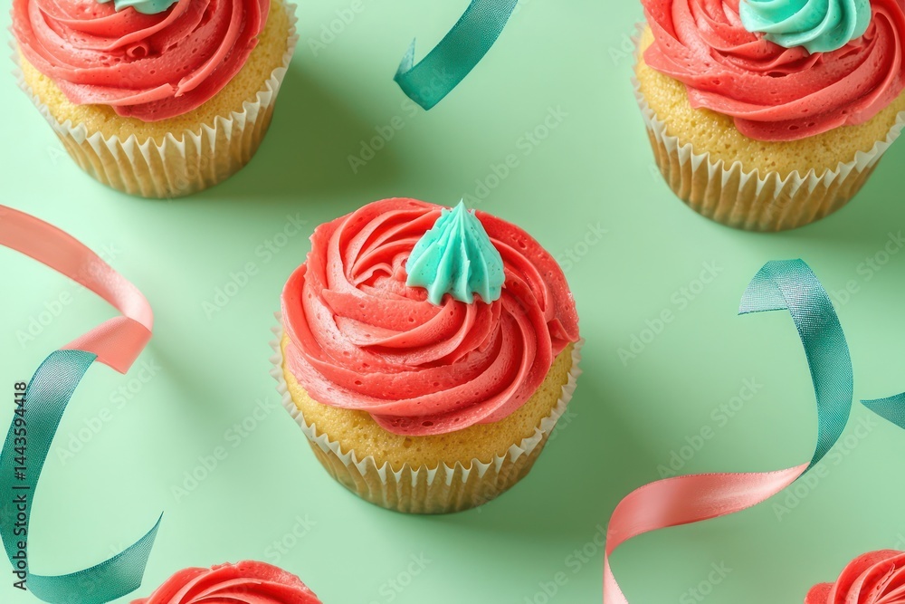 Vibrant cupcakes featuring bright red and turquoise frosting, surrounded by floating ribbons on a pastel green background.