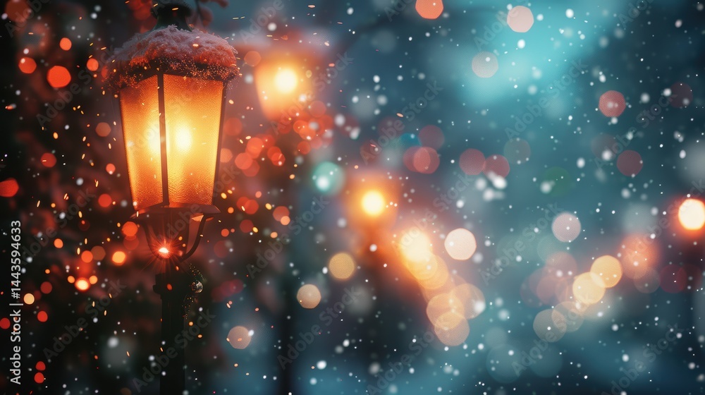 An Enchanting Winter Lantern Glowing Beautifully in Surroundings with Snowy Bokeh Lights
