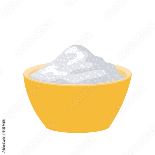 White sugar powder in bowl in flat design. Sweet sand, cooking ingredient. Vector illustration isolated.