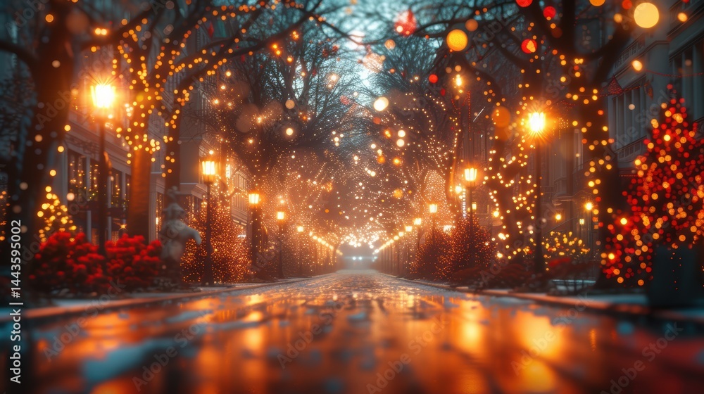 Enchanting street lights and festive decorations create a magical, colorful atmosphere at night