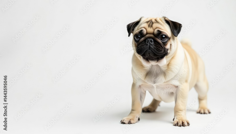Obraz premium Single pug on pure white backdrop, attentively posed, breed, canine, white