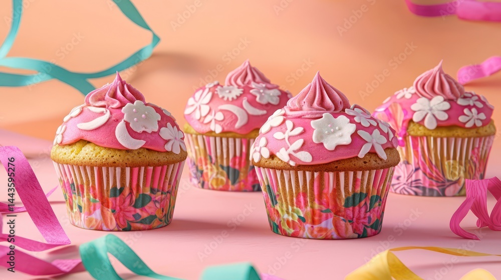 Vibrant cupcakes frosted with pink and white floral patterns, surrounded by colorful streamers on a peach-to-pastel pink gradient canvas.