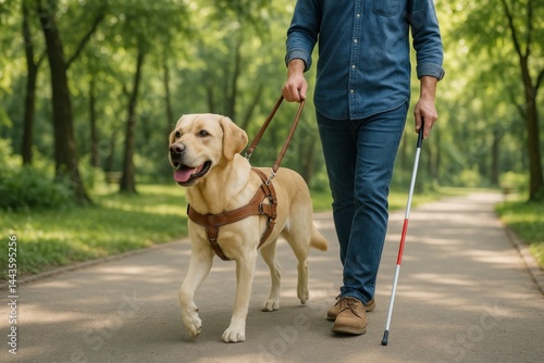 Blind man walking with guide dog in the park