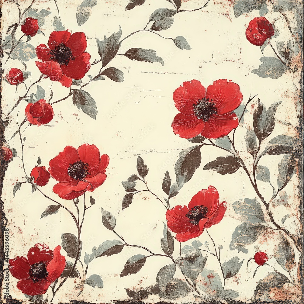 Fototapeta premium Vintage Red Floral Pattern on Textured Beige Background