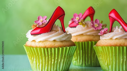 Obraz na płótnie Vibrant cupcakes topped with tiny red pumps and edible flowers, arranged on a bright lime green celebratory backdrop. w salonie