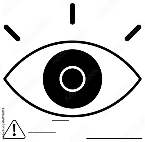 Large eye with bold center, radiating lines symbolizing focus, triangle warning sign below. Ideal for safety, vision, awareness, surveillance, observation security mindfulness. Flat simple metaphor