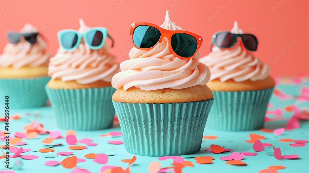 Whimsical cupcakes topped with miniature sunglasses in bold colors, arranged on a dynamic coral backdrop with confetti.
