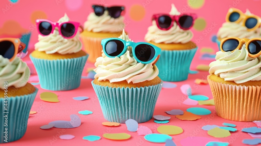 Whimsical cupcakes topped with miniature sunglasses in bold colors, arranged on a dynamic coral backdrop with confetti.