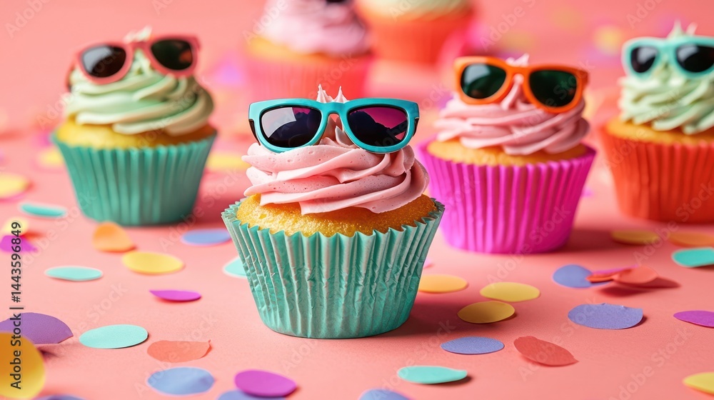 Whimsical cupcakes topped with miniature sunglasses in bold colors, arranged on a dynamic coral backdrop with confetti.