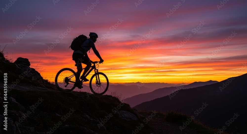 Fototapeta premium Mountain Biking Sunset Silhouette - Silhouette of a mountain biker riding along a mountain ridge at sunset. Vibrant colors fill the sky