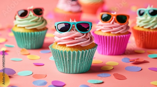 Obraz na płótnie Whimsical cupcakes topped with miniature sunglasses in bold colors, arranged on a dynamic coral backdrop with confetti. w salonie