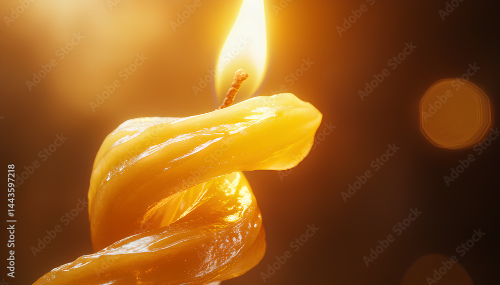 The gentle glow of a beautifully spiraled candle casts a warm light on a dark background, resulting in a serene and welcoming atmosphere