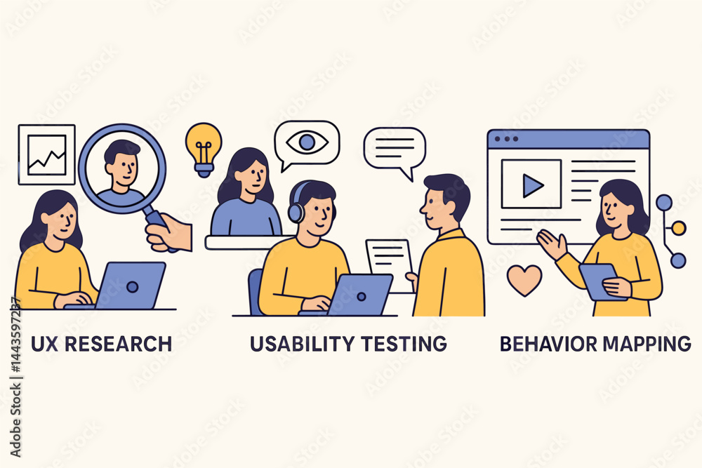 Vector illustration of UX research, usability testing, user interviews, and behavior mapping. Great for design tools, UX case studies, and product experience journeys Vector illustration of UX research, usability testing, user interviews, and behavior mapping. Great for design tools, UX case studies, and product experience journeys