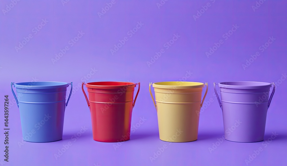 Four colorful plastic buckets arranged in a row against a vibrant purple background Four colorful plastic buckets arranged in a row against a vibrant purple background
