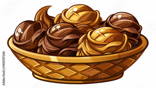Creamy chocolate scoops rest in a golden waffle bowl.
Deep brown swirls shine with irresistible gloss.
The crispy basket adds warmth and texture.
A perfect pairing of flavor and form. White background