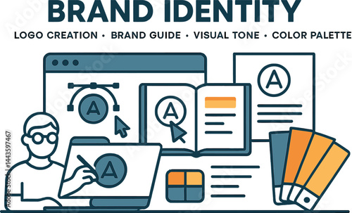 Brand identity. Vector illustration of logo creation, brand guide, visual tone, and color palette, for creative agencies, startup kits, and marketing decks