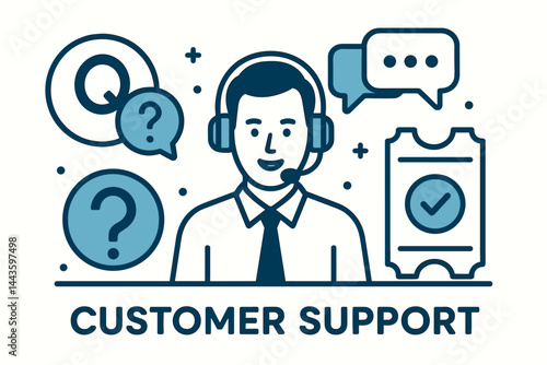 Customer support. Vector illustration of help desk, live chat, support agent, and ticketing system, for FAQ sections, SaaS tools, and onboarding platforms