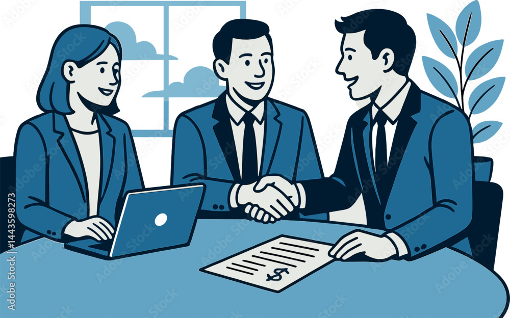 Client meeting and deal closure. Vector illustration of business negotiation and handshake. Suitable for consulting, finance, and entrepreneurship. Client meeting and deal closure. Vector illustration of business negotiation and handshake. Suitable for consulting, finance, and entrepreneurship.