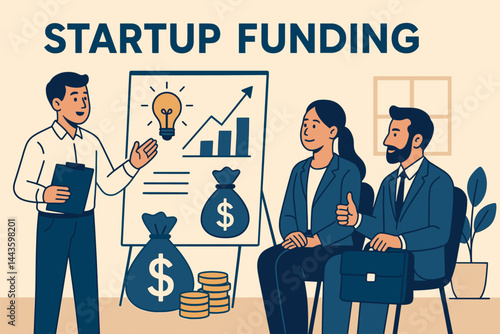 Startup funding and venture capital. Vector illustration of pitching ideas to investors. Suitable for business development and financial presentations.