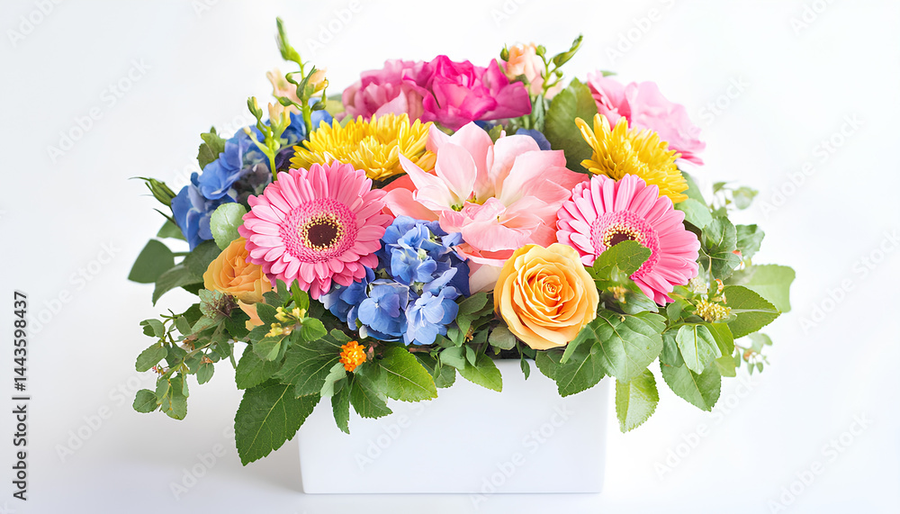 Obraz premium The floral arrangement is a vibrant watercolor piece with orange, teal, and purple flowers
