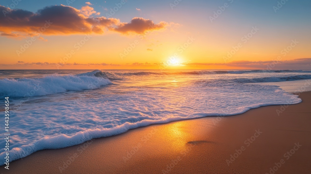 Obraz premium Vibrant sunset over ocean waves gently lapping sandy beach.