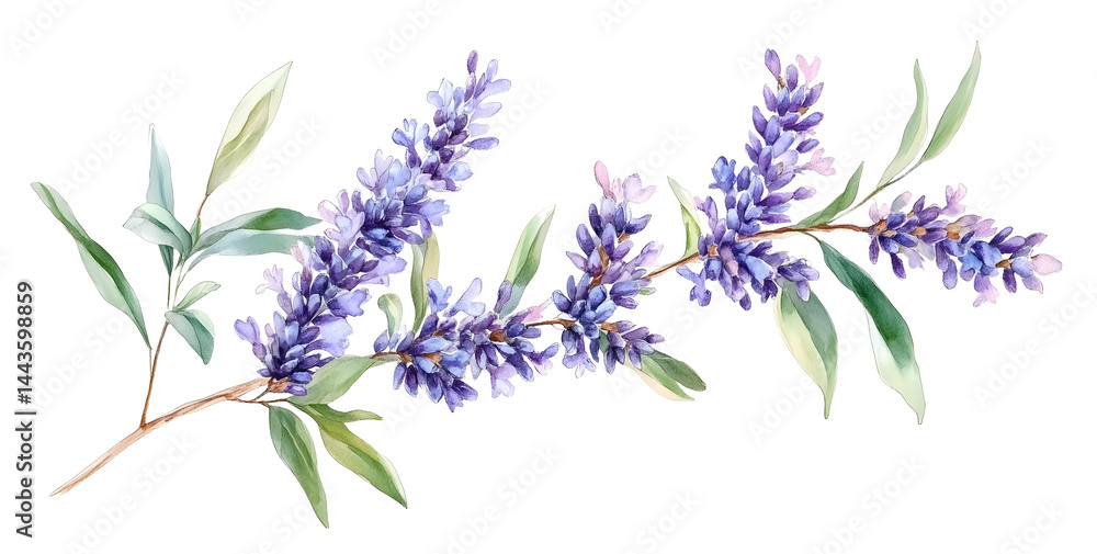 Naklejka premium A delicate watercolor illustration of lavender flowers with lush green leaves, ideal for botanical art or nature-themed designs
