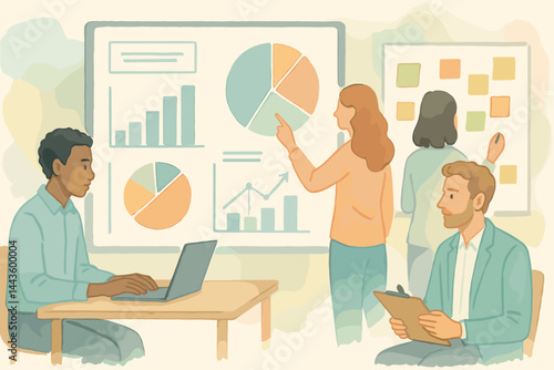 Vector composition of office teamwork session with digital whiteboards, business charts, and post-it notes in soft watercolor palette
