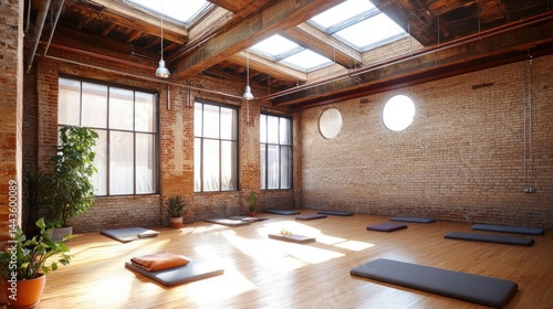 Sunlit Loft Interior with Wooden Beams and Meditation Mats