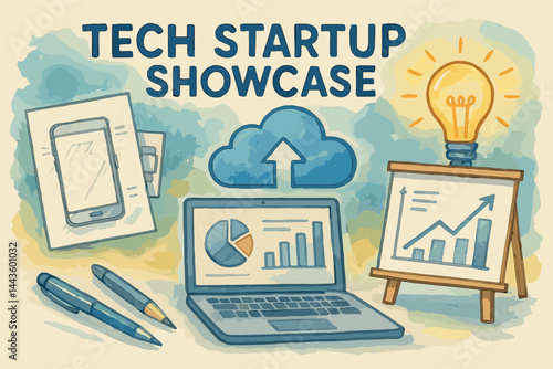 Watercolor branding illustration for a tech startup showcase, featuring product sketches, cloud-based services, and creative pitch visuals