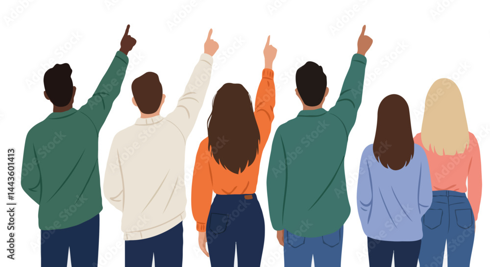 Fototapeta premium Diverse Group of People Pointing Upwards – Unity and Teamwork in Contemporary Flat Illustration