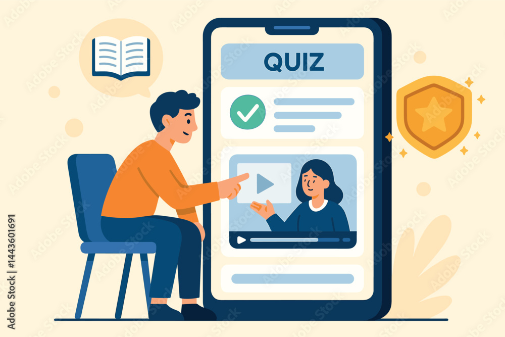 Fototapeta premium Vector illustration of user interacting with educational mobile app, solving quizzes, watching lessons, and unlocking badges